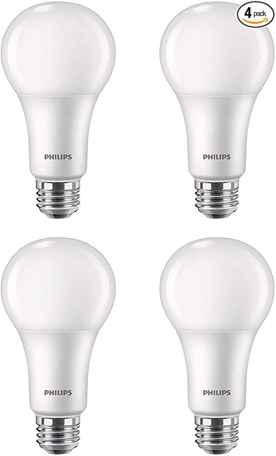 Philips LED 556936 3-Way A21 Flicker-Free Light Bulb with EyeComfort Technology: 2150-1600-620-Lumen, 2700K, 18.5-13-6 (150-100-50-Watt Equivalent), E26 Base, Soft White, 4-Pack, Title 20 Compliant