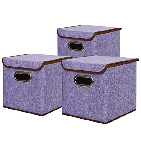 UUJOLY Collapsible Storage Bins, Cloth Storage Bins with lid Fabric Basket Box Cubes containers Organizer for Closet Shelves Toys Clothes Books (Purple - 3pcs)