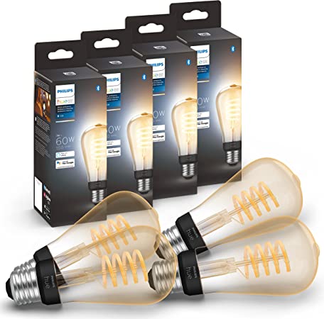 Philips Hue White Ambiance Dimmable Smart Filament ST19, Warm-White to Cool-White LED Vintage Edison Bulb, Bluetooth & Hub Compatible (Hue Hub Optional), Voice Activated with Alexa, 4-Pack