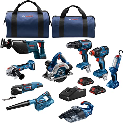 BOSCH GXL18V-901B25 18V 9-Tool Combo Kit 2-In-1 Bit/Socket Impact Driver, Hammer Drill/Driver, Recip Saw, Circ Saw, Oscillating Tool, Angle Grinder, Vacuum, Worklight, (2) CORE18V 4.0 Ah Batteries