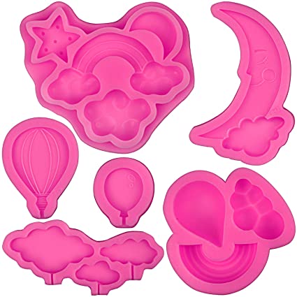 BakingWorld Cloud Fondant Mold Set - 6 Pcs - Rainbow Cloud Moon Raindrop Hot Air Balloon and Star Silicone Molds for Cake Decoration Candy,Chocolate,Polymer Clay,Soap,Resin,Making Crafting Projects