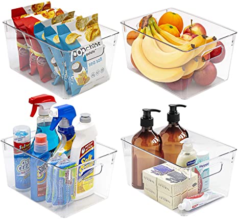 Sorbus Plastic Storage Bins Clear Pantry Organizer Box Bin Containers for Organizing Kitchen Fridge, Food, Snack Pantry Cabinet, Fruit, Vegetables, Bathroom Supplies (4-Pack)