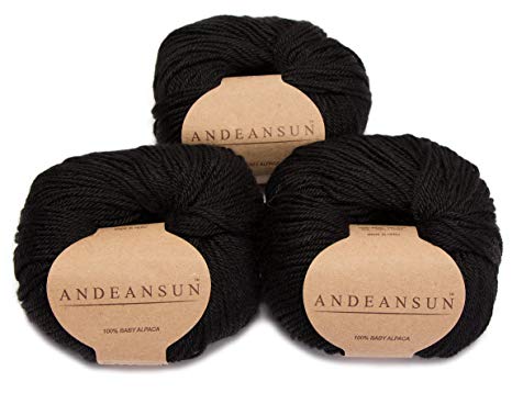 100% Baby Alpaca Yarn Skeins - Set of 3 (Black) - AndeanSun - Luxuriously soft for knitting, crocheting - Great for baby garments, scarves, hats, and craft projects - BLACK