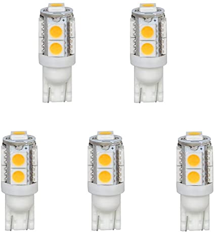 HERO-LED T10WG9T-WW 12V DC T10 Wedge 194 921 168 Ultra Bright 9-LED 5050 SMD LED Bulb, 5-Pack, Warm White