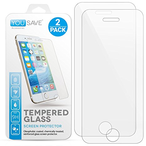 Yousave Accessories iPhone 5S / 5 / SE / 5C Crystal Clear 2-Pack of Tempered Glass Screen Protector [Ultra Thin 0.3mm / 9H Hardness Rating] Twin Pack