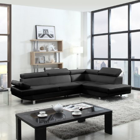 2 Piece Modern Contemporary Faux Leather Sectional Sofa - Black, White with Functional Armrest and Back support (Black)