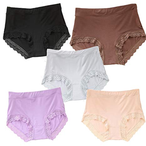 Women Panties Bamboo Viscose Plus Size Briefs Pack of 5 with Lace Trim Solid Underwear Lady Medium Waist