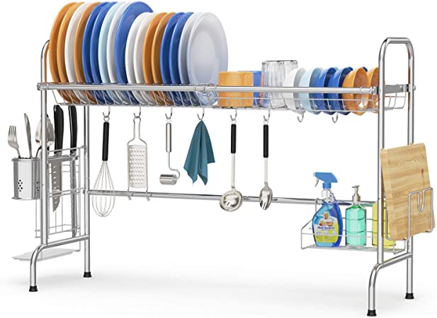 Cambond Over The Sink Dish Drying Rack, Large Stainless Steel Dish Organizer Racks, Non Slip Sink Dish Drainer Shelf with Utensils Holder for Kitchen Counter