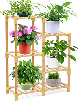 Bamboo Plant Stand Plants Shelf for Indoor Outdoor, Ohuhu 6 Pots Tiered Stands Flower Pot Holder Shelves, 100% Bamboo Floor Rack for Gardening Pots Planters for Living Room Balcony Corner Display