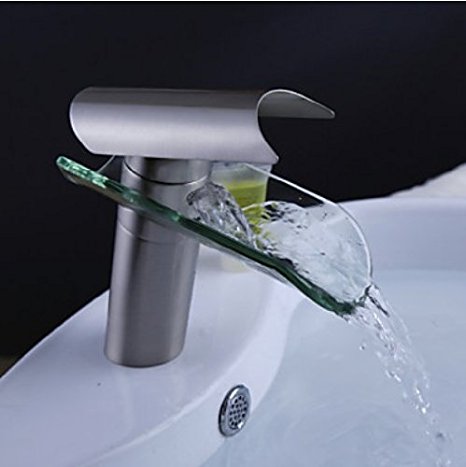 Rozinsanitary Nickel Brushed Waterfall Bathroom Sink Faucet Glass Spout Mixer Tap