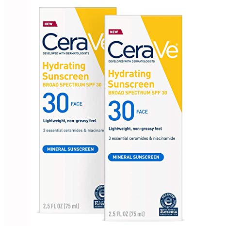 Cerave 100% Mineral Sunscreen SPF 30 | Face Sunscreen with Zinc Oxide & Titanium Dioxide for Sensitive Skin | 2.5 oz, Pack of 2