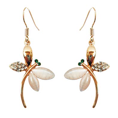 Navachi 18k Gold Plated White Crystal Created-Opal Dragonfly Dangle Earrings