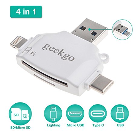 Geekgo SD & Micro SD Card Reader for Apple iPhone iPad / Android Phone / Macbook / Computer, Memory Card Adapter with Lightning, USB C, Micro USB, USB 4 Interfaces, Picture and Video Viewer for Camera