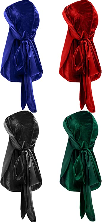 4 Pieces Men's Velvet Durag with Long Tail Soft Durag Headwraps for 360 Waves