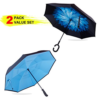 EvridWear Reverse Folding Double Layer Inverted Umbrella, Self-Standing, C-Shaped and Classic Straight Handle Options, 2 Pack Value Set