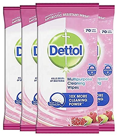 Dettol Cleaning Wipes Multipurpose Cleansing Antibacterial Disinfectant, Pomegranate Fragrance, Multipack 4 x 70, Total 280 Wipes