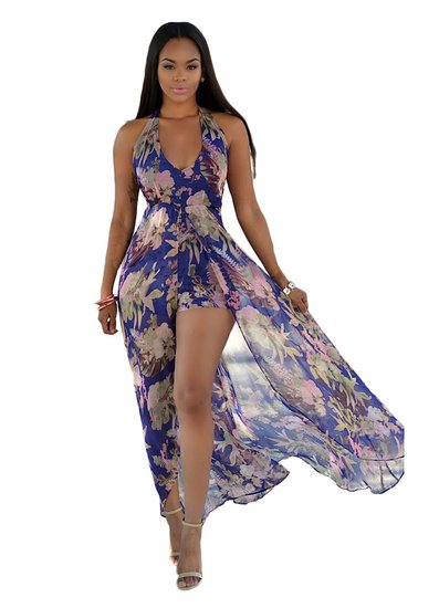 Women's V Neck Floral Chiffon Maxi Dress Overlay Rompers Jumpsuit Playsuit