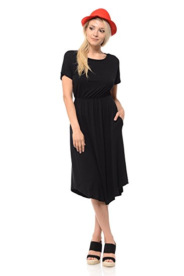 Iconic Luxe Women's Short Sleeve Flare Midi Dress with Pockets in Solid and Striped - Made in USA