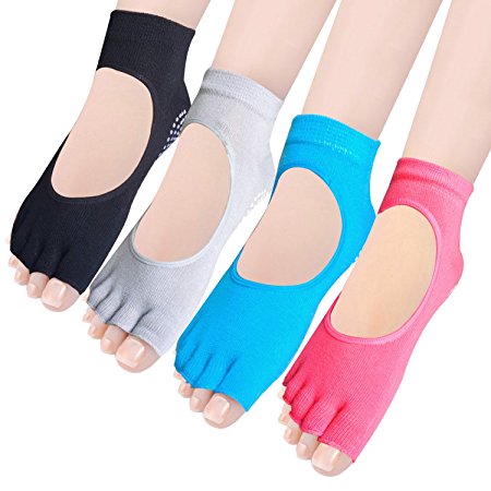 Amandir 4 Pairs Non Slip Yoga Socks Non Skid Yoga Pilates Barre Toeless Socks with Grips for Women