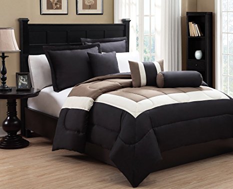 6 Piece Queen Tranquil Black and Taupe Comforter Set