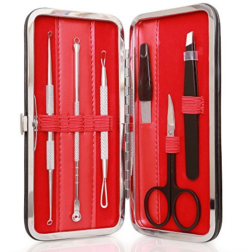Comedone Extractors and Blackheads Remover with Tweezers & Manicure Set By Aotearoa Beauty; Professional Comedone Remover Tools for Blemishes,Whiteheads, Zits (Red)