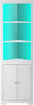 Rolanstar Corner Shelf 5-Tier with LED Light, 66.92" Tall Corner Storage Cabinet with Doors, White Corner Bookshelf Stand Display Rack for Living Room, Home Office, Kitchen, Bar, Small Space