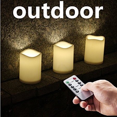 Outdoor Waterproof Remote Flameless Battery LED Pillar Candles, Made of Plastic, Won't Melt, Weather Resistant Design 3 x 4" Set of 3