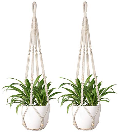 Mkono Macrame Plant Hanger 2Pcs Indoor Hanging Planter Basket Flowe Pot Holder Cotton Rope with Beads 35 Inch