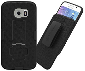 Galaxy S6 Case: Stalion® Secure Shell & Belt Clip Holster Combo with Kickstand (Jet Black) 180° Degree Rotating Locking Swivel   TPU Shockproof Protection