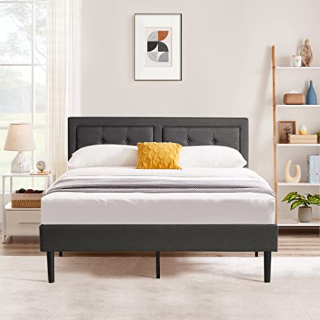 VECELO Queen Size Upholstered Platform Bed Frame with Adjustable Headboard, Mattress Foundation / Strong Slat Support / No Box Spring Needed, Dark Grey