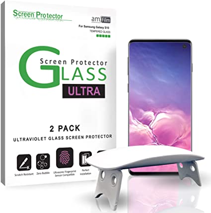 amFilm Ultra Glass Screen Protector for Galaxy S10 (2 Pack), Full Cover (Fingerprint Scanner Compatible) Tempered Glass Film with UV Gel Application for Samsung Galaxy S10 (2019)