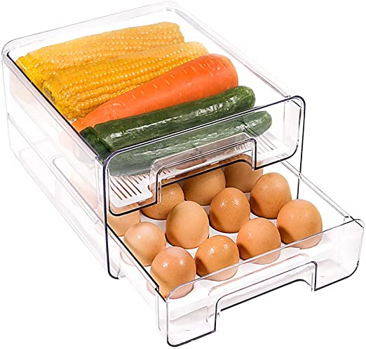 Elabo 32 Grid Large Capacity Egg Holder for Refrigerator, Double Layer Drawer Type, Multi-Function Storage Drawer Container Organizer, BPA-Free, Clear, with Removable Egg Tray and Drain Tray