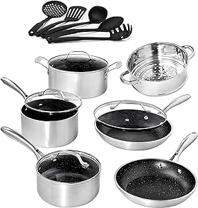 Granite Stone Silver Cookware Set Nonstick Pots and Pans Set– 10pc Cookware Sets |  5 Piece Utensil Set| Cookware Pots and Pans for Cooking Pan Set | Granitestone Diamond Cookware Set Nonstick Pan Set