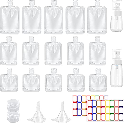 Homgaty 23Pcs Travel Toiletry Containers, 15 Portable Travel Fluid Makeup Packing Bags(30ml/50ml/100ml), Travel Bottles for Toiletries and Travel Liquid Pouches with Cosmetic Jars Funnels Labels