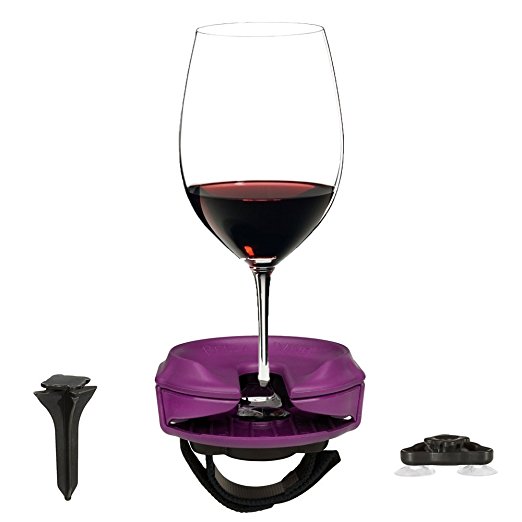 Outdoor Wine Glass Holder Christmas Gift by Bella D’Vine – 3 Attachments include Lawn Wine Stake For Picnics, Base For Boats and Hot Tubs, Strap For Patio Chairs – Purple