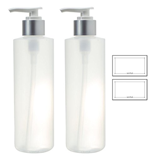 Clear Natural Refillable Plastic Squeeze Bottle with Silver Pump Dispenser - 8 oz (2 Pack)   Labels