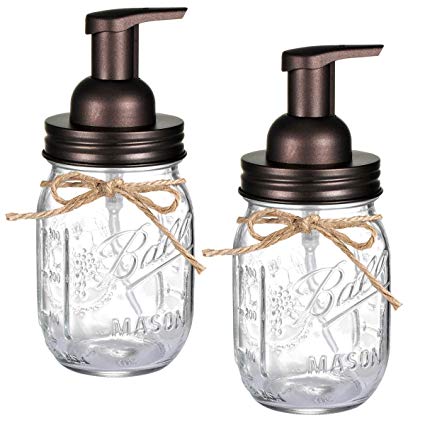 Mason Jar Foaming Soap Dispenser - with 16 Ounce Ball Mason Jar for Bathroom Vanities,Kitchen Sink,Countertops - Made from Rust Proof Stainless Steel Lid and BPA Free Pump / Bronze (2 Pack)