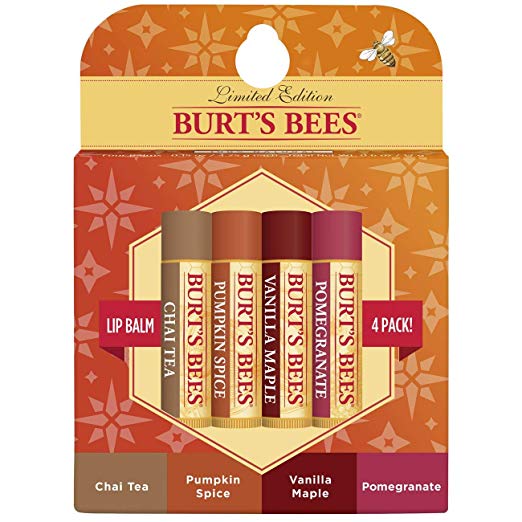 Burt's Bees 100% Natural Moisturizing Lip Balm, Holiday Pack, Chai Tea, Pumpkin Spice, Vanilla Maple, Pomegranate, 4 Tubes of Lip Balm