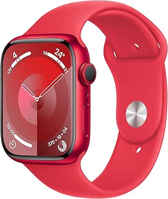 Apple Watch Series 9 (45 mm GPS) Smartwatch avec boîtier aluminium et Bracelet Sport (Product) Red (S/M). Suivi de l’activité Physique, apps Oxygène sanguin et ECG, écran Retina Toujours activé