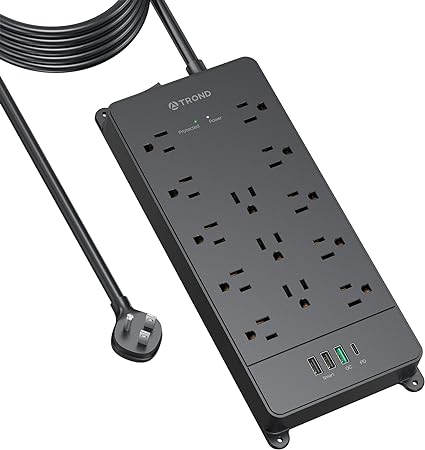 TROND Surge Protector Power Bar with 32W USB C & QC 3.0 Charger, 4000J, ETL Listed, 13 Outlets 4 USB Ports, 15ft Long Extension Cord, Flat Plug Power Strip, Wall Mount for Home Office Desk Accessories