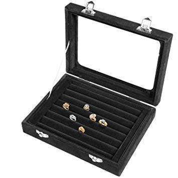 Pasutewel Earring Storage Case 7 Slots Ring Velvet Display Case Box Earring Ring Organizer Velvet Jewelry Tray Cufflink Storage Showcase with Clear Glass Lid Black