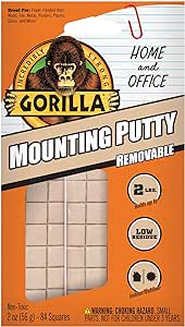 Gorilla Mounting Putty, Non-Toxic Hanging Adhesive, Removeable & Repositionable, 84 Pre-Cut Squares, 2oz/56g, Natural Tan Color, (Pack of 1)