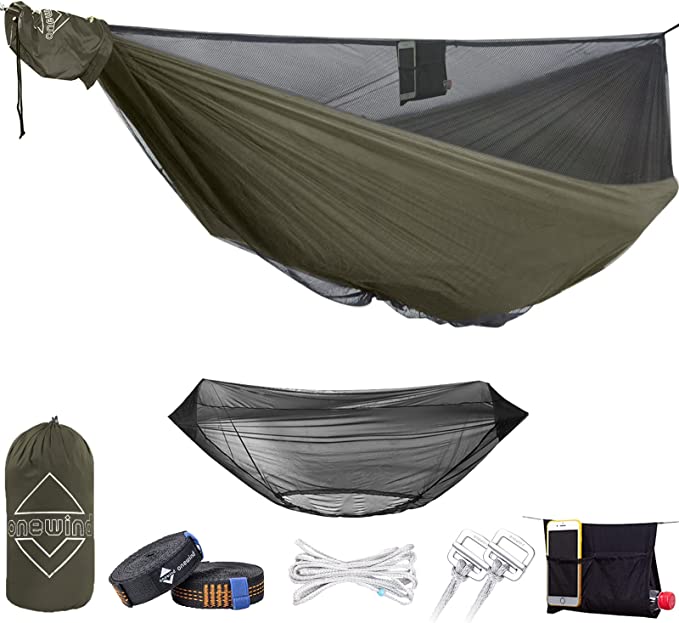 onewind Double Camping Hammock with Mosquito Net,Tree Straps, Ridgline, Compact Storage Bag, Durable Ripstop Nylon 11FT Holding 500lbs, Ideal for Hiking, Beach, Backpack