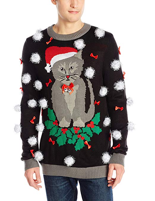 Tipsy Elves Men's Ugly Christmas Sweater - Black Cat Sweater with Bells