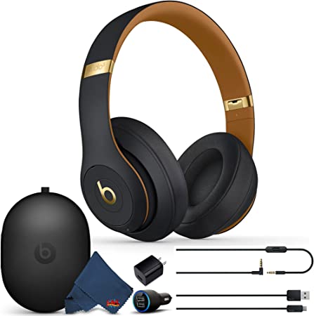 Beats Studio3 Wireless Over-Ear Noise Cancelling Bluetooth Headphones (Midnight Black) with Extra USB Charging Adapters and 6Ave Cleaning Cloth