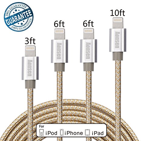 Aonsen 4pcs 3ft 6ft 6ft 10ft Lightning Cable,Nylon Braided,Charging and 8 Pin iPhone Cord for iPhone 6/6 Plus/6s/6s Plus/5/5c/5s,iPad 4 Mini Air(Gold)