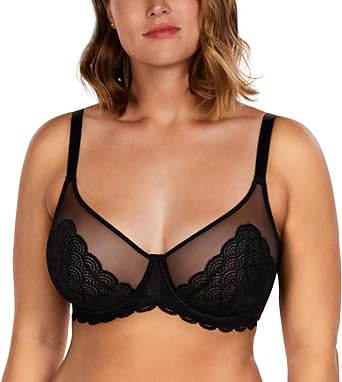 HSIA Women's Underwire Unlined Bra Minimizers Non-Padded Bra Full Coverage Lace Mesh Sheer Plus Size Bra