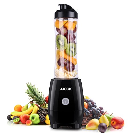 Aicok Personal Blender Single Serve Juice Blender 20oz Portable Mini Smoothie Maker with Travel Lid Take-Along Sport Bottle Tritan BPA-free Wide Mouth Jar, Black