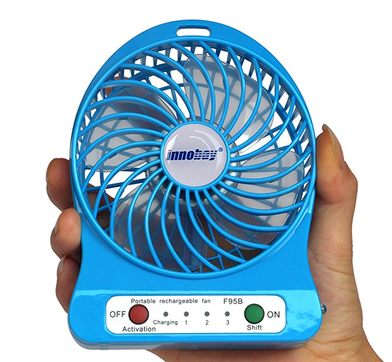 Innobay 4-inch Mini Hand Held Portable USB Fan Powered by Premium 2600mAh 18650 Lithium Rechargeable Battery, 4 blades, 3 Switches for Wind Speeds Control, 1 Led Lamp on Side, Charged by Micro USB Cable via USB Port of Notebook/ Computer/ Car Charger/ Power Bank/ 5V DC USB Wall Charger (not included), Personal Fan for Indoor and Outdoor Activities as Camping, Hiking, Backpacking, Biking, Paddling, Boating, Fishing and More (Blue)