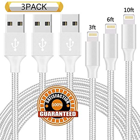 Chamfind Phone Charger 3Pack 3FT 6FT 10FT Nylon Braided Charging Cables USB Charger Cord, Compatible with Phone Xs MAX XR X 8 8 Plus 7 6 6 Plus 5 SE Pad Pod Nano - Silver